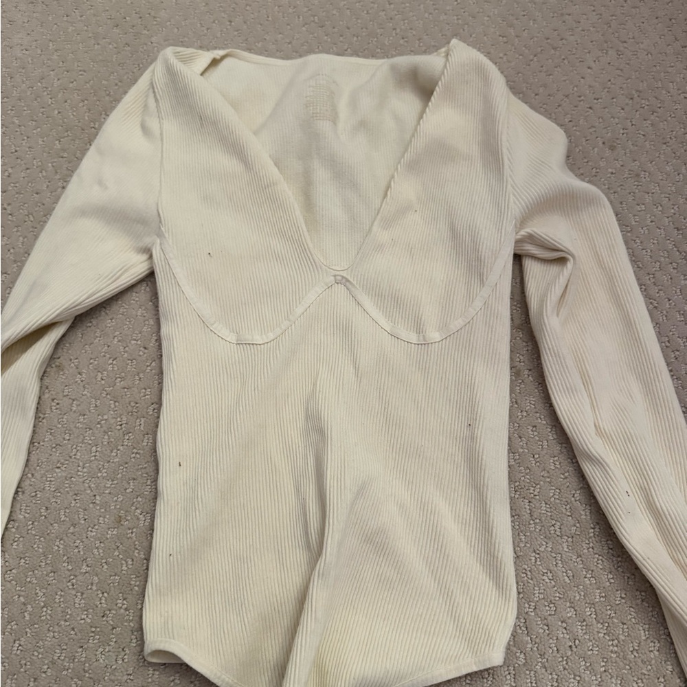 Free people Cream Ribbed Long Sleeve Top